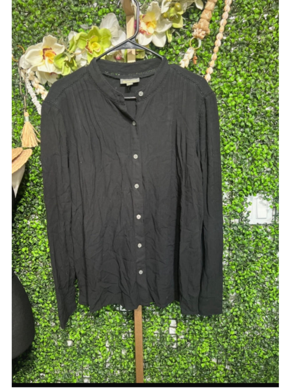 Style & Co. Pleat Woven Boho Rayon Long Sleeve Button Down Blouse Top Medium